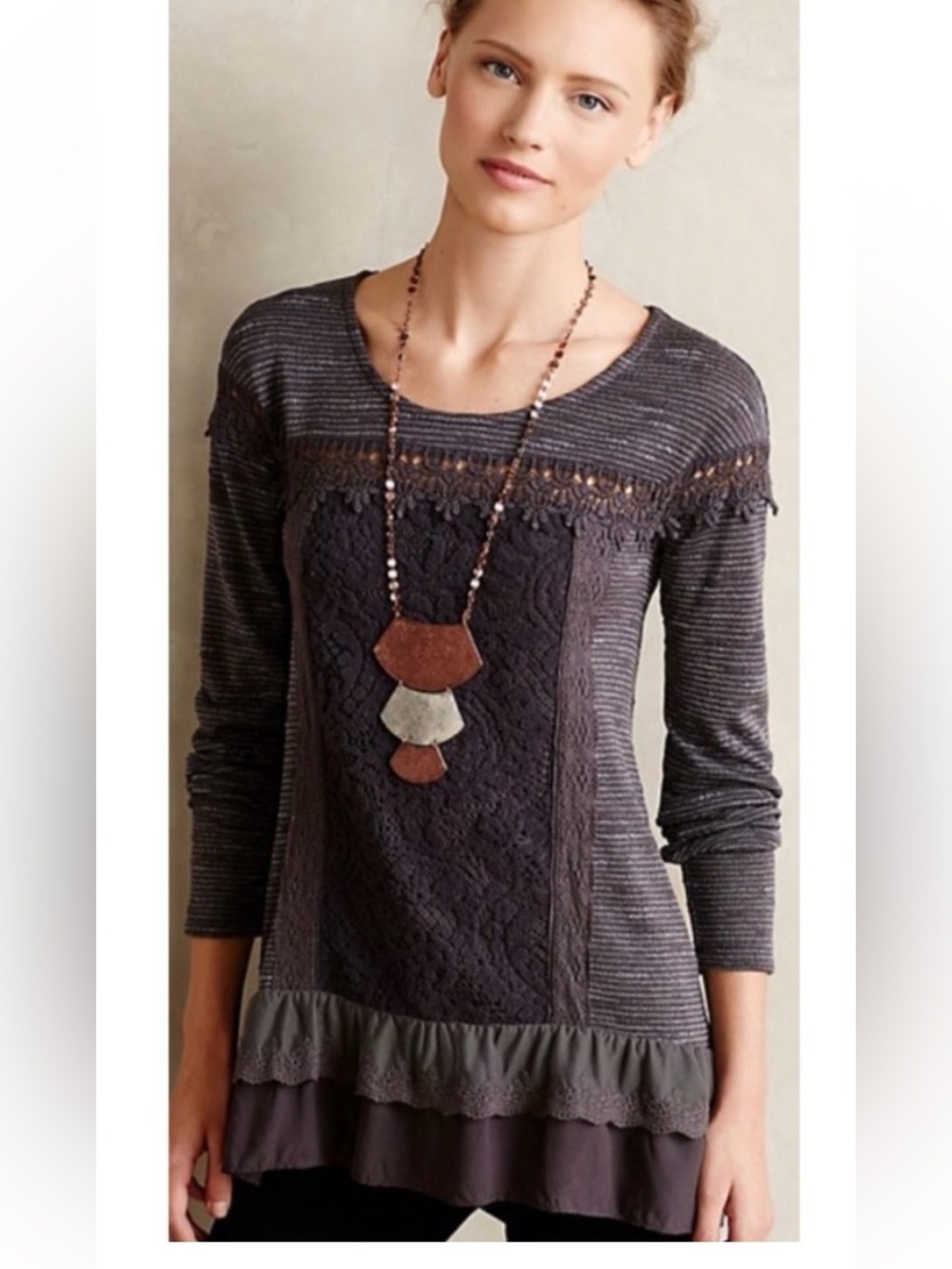 Meadow Rue Anthropologie Gray Lace-Panel Long Sleeve knit crochet top patchwork